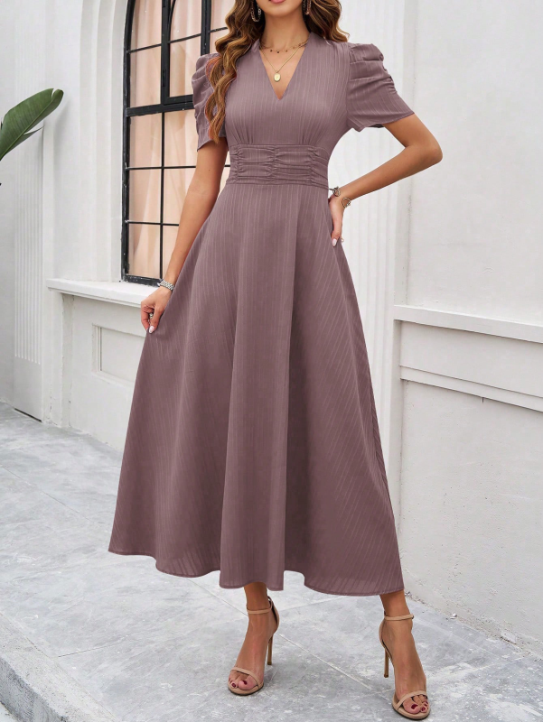 Cecily - Robe midi décolletée en V avec manches bouffantes et taille froncée