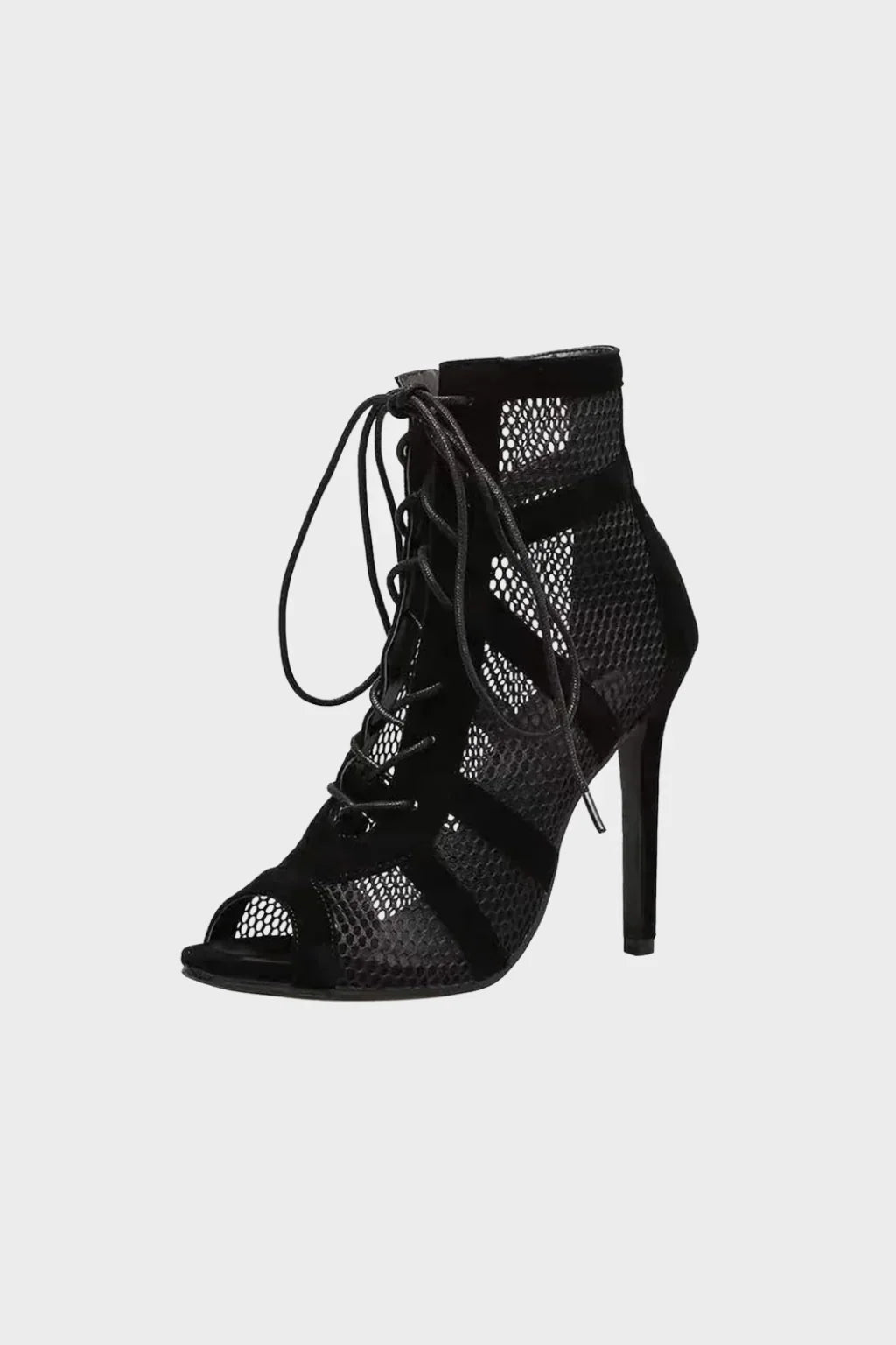 Sandale cu toc înalt, cu șireturi din plasă și vârf decupat, pentru petrecere, pentru femei