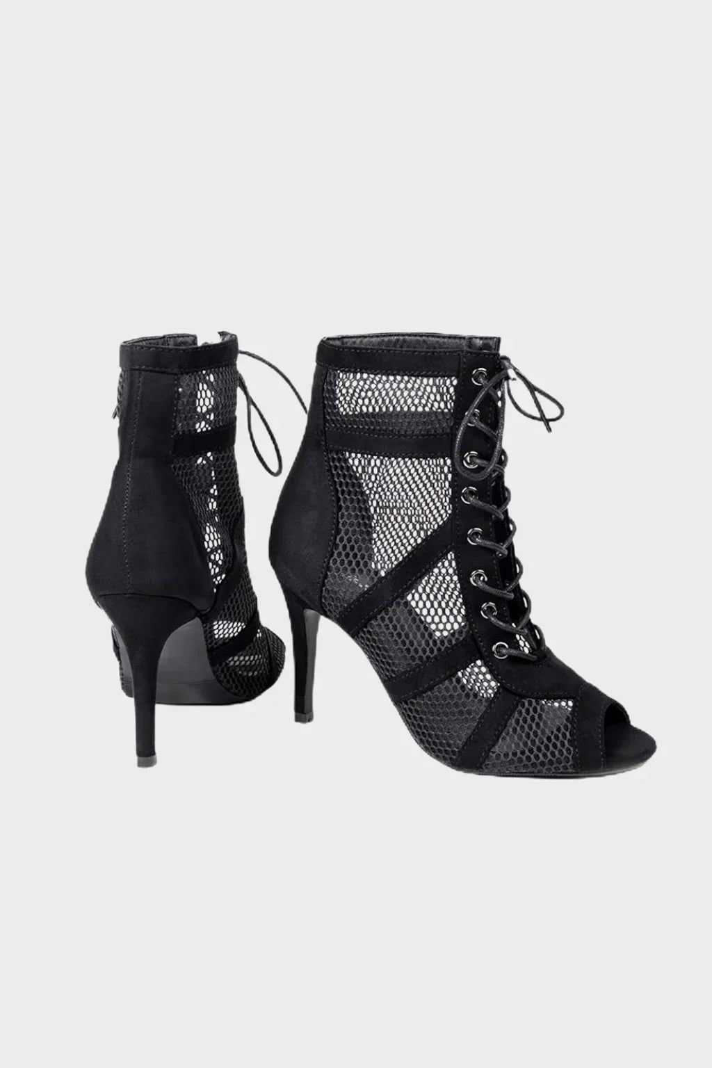 Sandale cu toc înalt, cu șireturi din plasă și vârf decupat, pentru petrecere, pentru femei